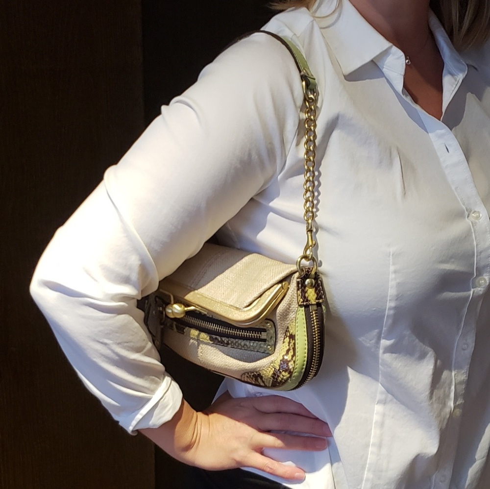 Coach Beige with Green Snake Detail Handbag